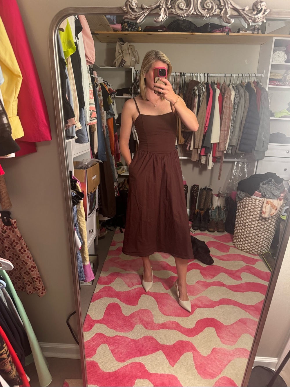 Sleeveless Brown Midi Dress with Slim Straps